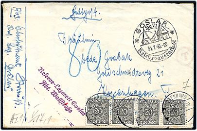 Ufrankeret tysk feltpostbrev fra Reverve-Lazarett Goslar d. 31.7.1940 til København, Danmark. Udtakseret i porto med 20 øre Portomærke (4) stemplet København d. 5.8.1940. Åbnet af tysk censur i Berlin.