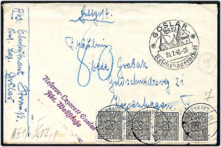 Ufrankeret tysk feltpostbrev fra Reverve-Lazarett Goslar d. 31.7.1940 til København, Danmark. Udtakseret i porto med 20 øre Portomærke (4) stemplet København d. 5.8.1940. Åbnet af tysk censur i Berlin.