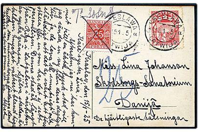 10 s. Våben på underfrankeret brevkort fra Kreslawa d. 15.1.1925 til Skodsborg Sanatorium, Danmark. Udtakseret i porto med 25 øre Portomærke annulleret med blækkryds.