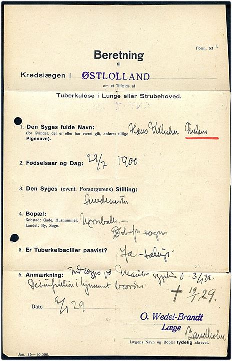 Ufrankeret Befalet Indberetning vedr. Tuberkulose med brotype IIIb Bandholm d. 2.1.1929 til Saxkjøbing. Udtakseret i enkeltporto med 5 øre og 10 øre Portomærke stemplet Sakskøbing d. 3.1.1929.
