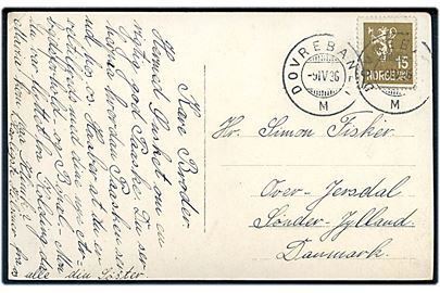 15 øre Løve på brevkort annulleret med bureaustempel Dovrebanen M d. 9.4.1936 til Over-Jersdal, Danmark.