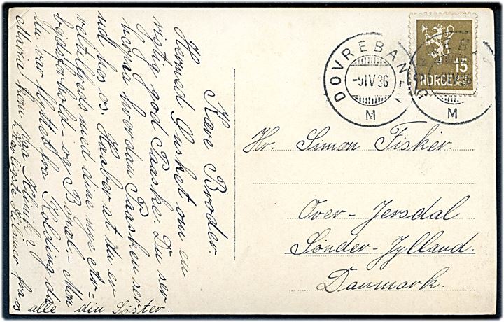 15 øre Løve på brevkort annulleret med bureaustempel Dovrebanen M d. 9.4.1936 til Over-Jersdal, Danmark.