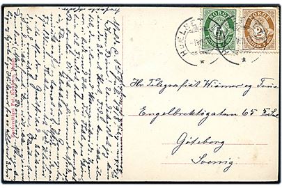 2 øre og 5 øre Posthorn på brevkort (Geiranger) annulleret med sejlende bureaustempel Hjælsetruten d. 1.7.1918 til Götebort, Sverige.