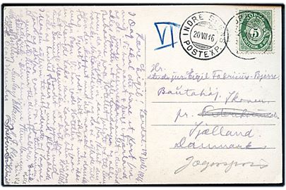 5 øre Posthorn på brevkort annulleret med sejlende bureaustempel Indre Sogns Postexp. d. 20.7.1916 til Jægerspris, Danmark.