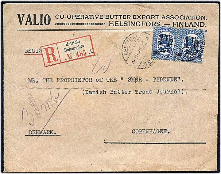 1½ mk./50 pen. Provisorium i parstykke på anbefalet brev fra Helsingfors d. 10.7.1923 til København, Danmark.