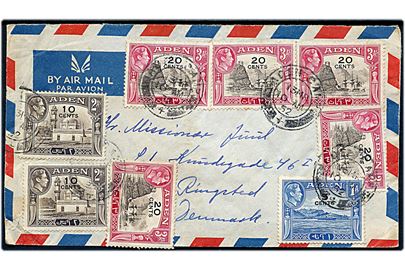 5 cents/1 Anna, 10 cents/2 Annas (2) og 20 cents/3 Annas (5) George VI provisorium på luftpostbrev fra Aden Camp d. 13.3.1952 til Ringsted, Danmark. 