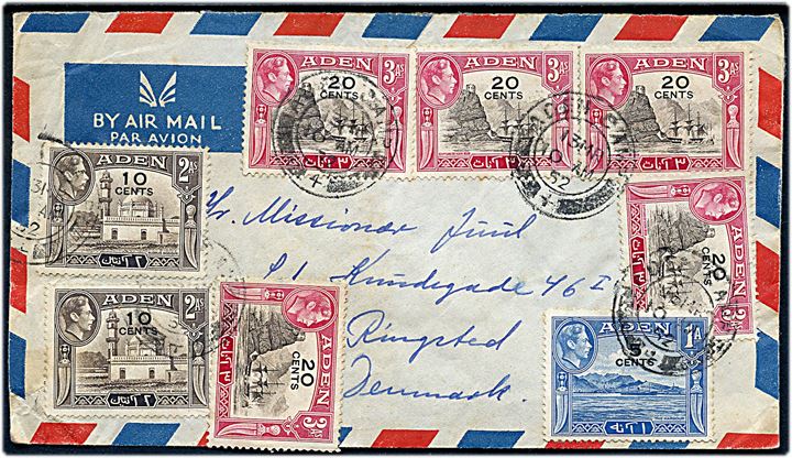 5 cents/1 Anna, 10 cents/2 Annas (2) og 20 cents/3 Annas (5) George VI provisorium på luftpostbrev fra Aden Camp d. 13.3.1952 til Ringsted, Danmark. 