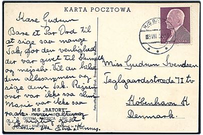 30 gr. Præs. Moscicki på brevkort (M/S Batory) annulleret med skibsstempel M/S Batory d. 8.8.1938 til København, Danmark. 
