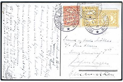 2½ c. og 3 c. (par) Ciffer udg. på brevkort (S/S Johan de Witt) skrevet i Middelhavet og annulleret med skibsstempel Postagent Batavia - Rotterdam 1 d. 4.6.1931 til København, Danmark.