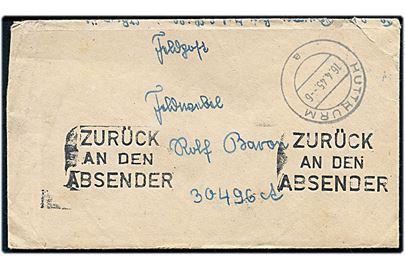Ufrankeret feltpostbrev stemplet Hutthurn d. 16.4.1945 til soldat ved feldpost nr. 30496A (= Stab II Artillerie-Regiment 248). Überrolle-brev med returstempel Zurück an den Absender påsat efter krigen. 