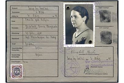 Deutsches Reich Kennkarte for kvinde med foto udstedt d. 21.3.1940 med 1 mk. stempelmærke fra Stadt Beieg.
