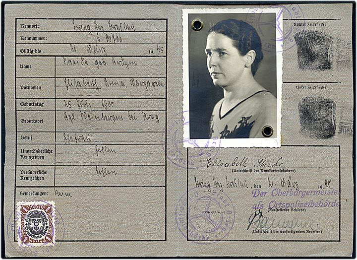 Deutsches Reich Kennkarte for kvinde med foto udstedt d. 21.3.1940 med 1 mk. stempelmærke fra Stadt Beieg.