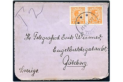 7 øre Chr. X i parstykke på underfrankeret privat korrespondancekort annulleret med brotype IIIb Marstal d. 29.7.1919 til Göteborg, Sverige. Påskrevet T2, men ikke udtakseret i svensk porto.