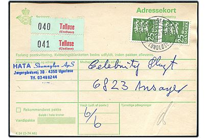 25 kr. Rigsvåben i parstykke på adressekort for 2 pakker annulleret med parentes stempel Tølløse (Undløse) d. 14.1.1983 til Ansager.