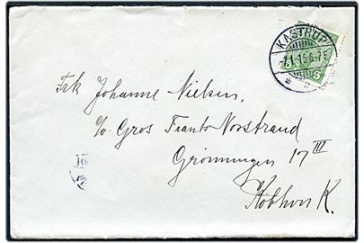 5 øre Chr. X single på lokalbrev annulleret med brotype Ia Kastrup d. 7.1.1915 til København.