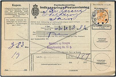 30 øre Chr. X single på retur Indkasserings-Postanvisning fra Holstebro d. 24.5.1922 til Skive. 