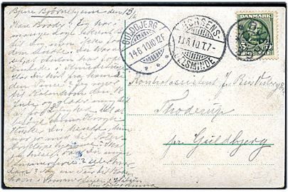 5 øre Fr. VIII på brevkort annulleret med stjernestempel BJERGE J og sidestemplet bureau Horsens - Juelsminde T.7 d. 13.6.1910 til Guldbjerg.