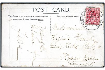 1d Edward VII på brevkort (Cunard Line Lusitania & Mauretania) annulleret med skibsstempel Paquebot Posted at Sea Received Cardiff d. 5.12.1910 til København, Danmark.