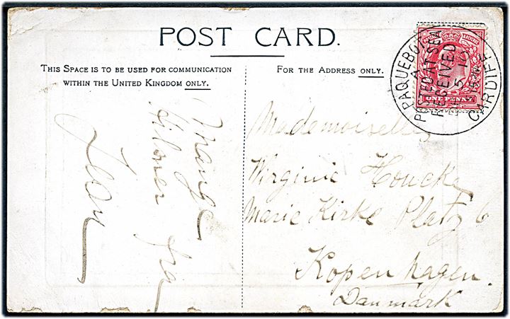 1d Edward VII på brevkort (Cunard Line Lusitania & Mauretania) annulleret med skibsstempel Paquebot Posted at Sea Received Cardiff d. 5.12.1910 til København, Danmark.
