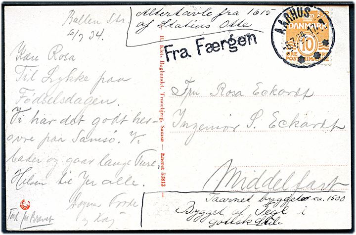 10 øre Bølgelinie på brevkort (Tranebjerg Kirke, Samsø) dateret Ballen og annulleret Aarhus d. 6.7.1934 og sidestemplet Fra Færgen til Middelfart.