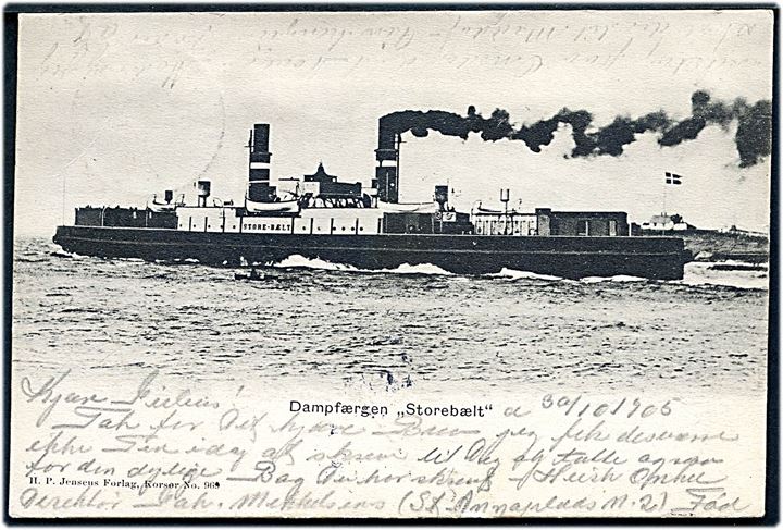 5 øre Våben på brevkort (Dampfærgen Storebælt) annulleret med sejlende bureaustempel Korsør - Nyborg T.3 d. 31.10.1905 via Nyborg til Næstved.