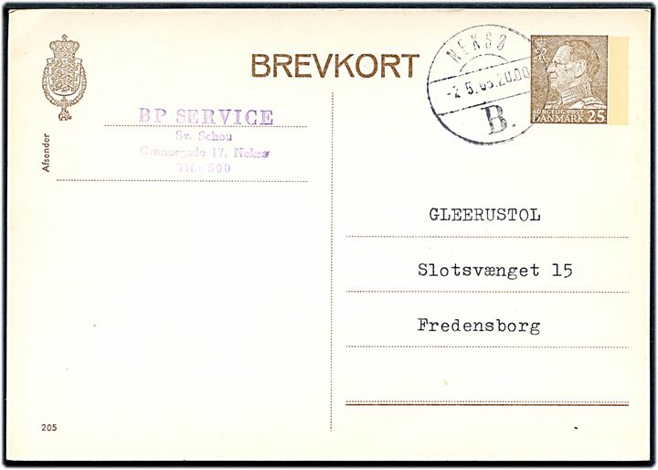 25 øre Fr. IX helsagsbrevkort (fabr. 205) annulleret Neksø B. d. 2.5.1965 til Fredensborg.