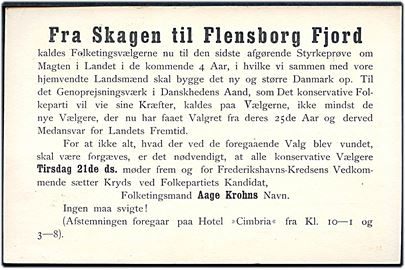 7 øre Chr. X helsagsbrevkort (fabr. 56-H) sendt lokalt i Frederikshavn d. 20.9.1920. Valgagitation for den konservative politiker Aage Krohn i forbindelse med folketingsvalget d. 21.9.1920.
