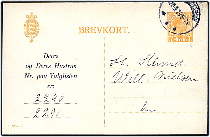 7 øre Chr. X helsagsbrevkort (fabr. 56-H) sendt lokalt i Frederikshavn d. 20.9.1920. Valgagitation for den konservative politiker Aage Krohn i forbindelse med folketingsvalget d. 21.9.1920.