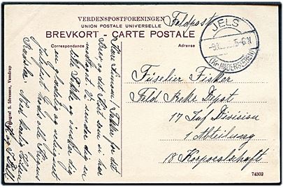 Ufrankeret feltpostkort (Skovgaarden pr. Jels) stemplet Jels (Kr. Hadersleben) d. 9.4.1916 til soldat i 17. Infanteri Division.