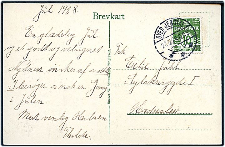 10 øre Bølgelinie på julekort (Nisser ved Gram kirke) annulleret med brotype IIb Over Jerstal d. 23.12.1928 til Haderslev.