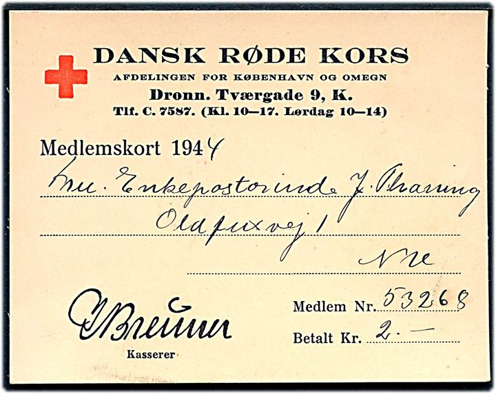 Dansk Røde Kors. Medlemskort for 1944. Betalt 2 kr.