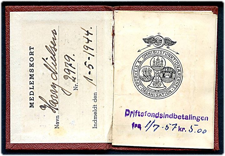 Sporveis & Omnibusfunktionærernes Organisation (S. & O.O.). Medlemsbog med kvitteringsmærker for betalt kontingent i perioden 1953-1959