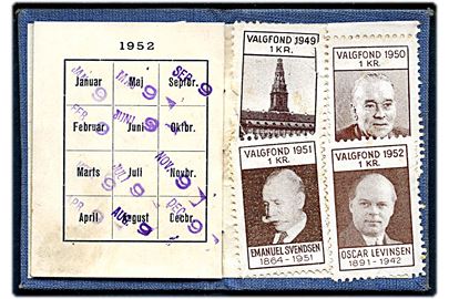 Sporveis & Omnibusfunktionærernes Organisation (S. & O.O.). Medlemsbog med kvitteringsmærker for betalt kontingent i perioden 1950-1952, samt Valgfond 1 kr. i årene 1949-1952.
