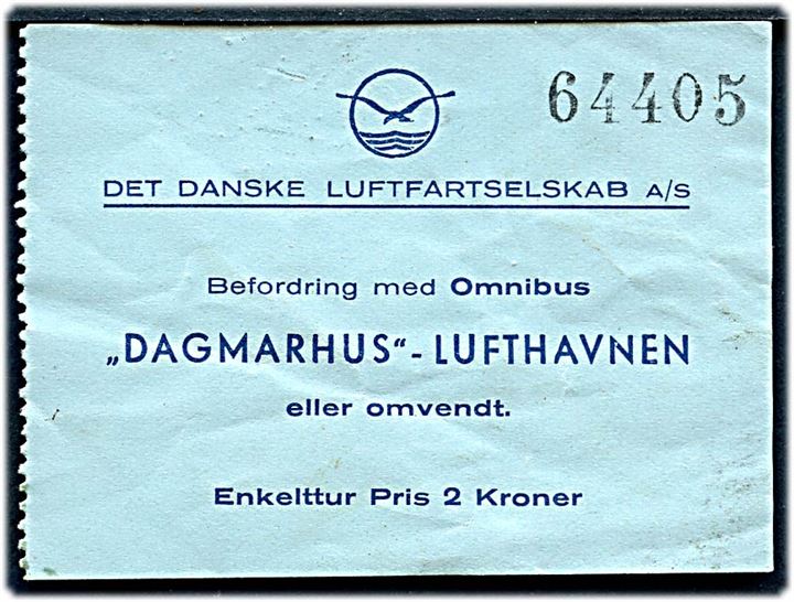 Det Danske Luftfartsselskab A/S. 2 kr. billet for befordring fra Dagmarhus til Lufthavnen.