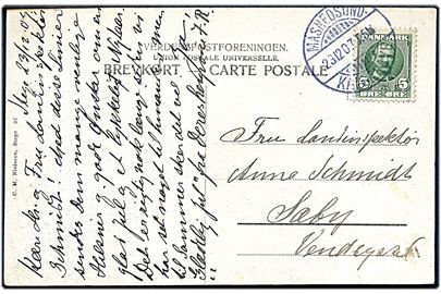 5 øre Fr. VIII på brevkort annulleret med bureaustempel Masnedsund - Kallehave T.5 d. 23.12.1907 til Sæby.