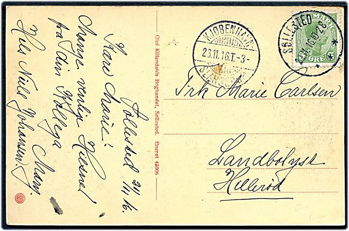 5 øre Chr. X på brevkort annulleret med brotype IIIb Søllested d. 22.11.1916 til Landbolyst pr. Hillerød. Transit stemplet med bureaustempel Kjøbenhavn - Slangerup T.3 d. 23.11.1916.