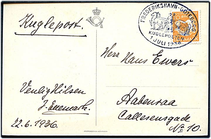 10 øre H. C. Andersen på brevkort (S/S Kronprinsessan Ingrid Kuglepost til Sverige) annulleret med særligt kuglepoststempel Frederikshavn - Göteborg Kugleposten 1.7.1936 til Aabenraa.