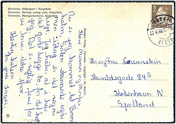 40 øre Fr. IX på brevkort fra Snogebæk annulleret med bureaustempel Rønne - Neksø T.14 d. 22.6.1966 til København.