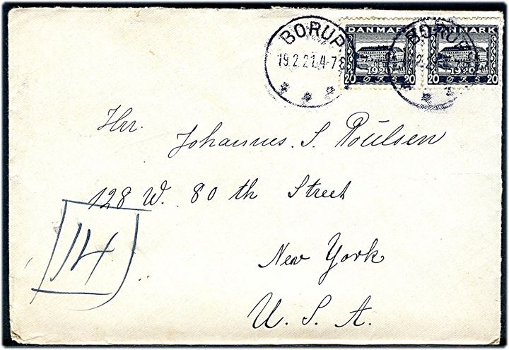 20 øre Genforening i parstykke på brev annulleret med brotype IIIb Borup d. 19.2.1921 til New York, USA.