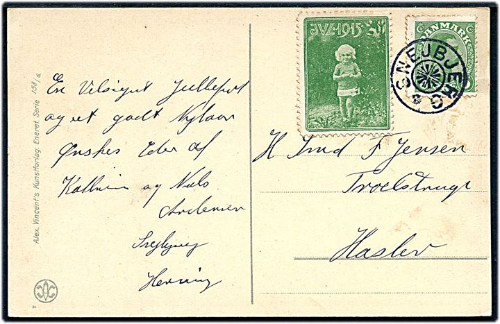 5 øre Chr. X og Julemærke 1915 på julekort annulleret med stjernestempel SNEJBJERG til Haslev.