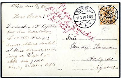 7 øre Chr. X på brevkort (Landejendom) dateret i Sløsse og annulleret med stjernestempel ØSTER-ULSTED og sidestemplet Nysted d. 11.3.1920 til Nysted.