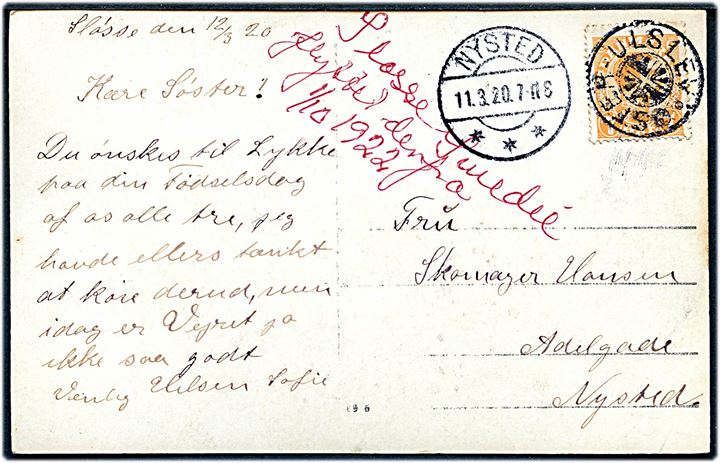 7 øre Chr. X på brevkort (Landejendom) dateret i Sløsse og annulleret med stjernestempel ØSTER-ULSTED og sidestemplet Nysted d. 11.3.1920 til Nysted.