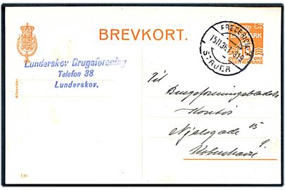 10 øre helsagsbrevkort (fabr. 120) fra Lunderskov annulleret med bureaustempel Fredericia - Struer T.319 d. 15.11.1936 til København.