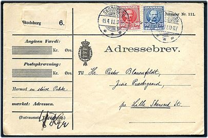 10 øre og 20 øre Fr. VIII på adressebrev for pakke annulleret med brotype Ia Skodsborg d. 15.4.1912 til Jersie Præstegaard pr. Lille Skensved St.