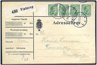 5 øre Chr. X i 4-stribe på adressebrev for pakke fra St. Ryde Mølle annulleret med brotype IIIb Vinderup d. 29.11.1917 til Gammelby pr. Handbjerg.