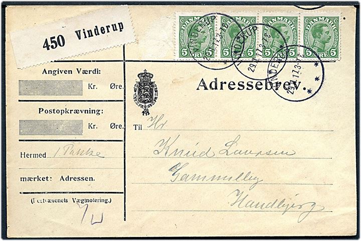 5 øre Chr. X i 4-stribe på adressebrev for pakke fra St. Ryde Mølle annulleret med brotype IIIb Vinderup d. 29.11.1917 til Gammelby pr. Handbjerg.