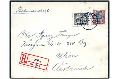 20 øre Genforening og 50 øre Chr. X på 70 øre frankeret anbefalet brev fra Nibe d. 26.7.1924 til Wien, Østrig.