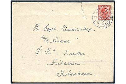 10 øre Chr. X på brev annulleret med brotype IIa Rødby Havn d. 4.4.1919 til Capt. Himmelstrup, M/S Siam, Ø.K. Kontor, Frihavnen, København. Rift i overkant.