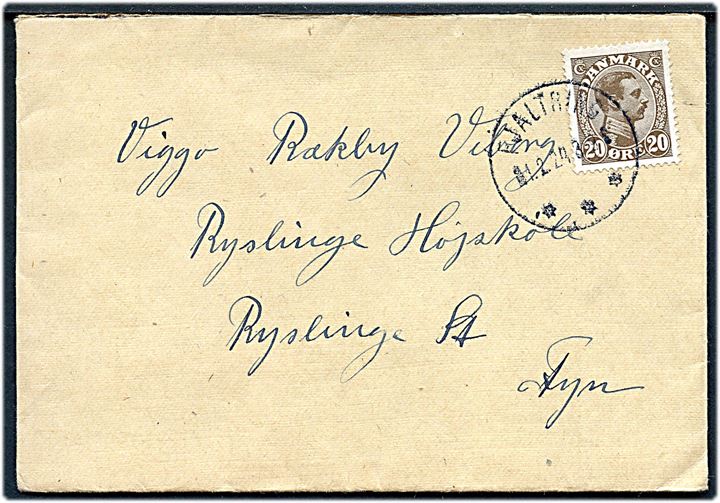20 øre Chr. X på brev annulleret med brotype IIIb Fjaltring d. 1.2.1924 til Ryslinge.
