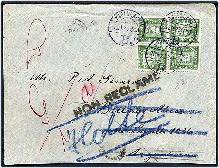 10 øre Chr. IV og Chr. X Postjubilæum i sammentrykt fireblok på brev fra København B. d. 15.1.1925 til Buenos Aires, Argentina. Retur med mange stempler.